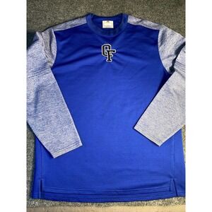 OF Majestic Activewear Shirt Men Large Blue Stretch High Low Slit Crew Neck Logo